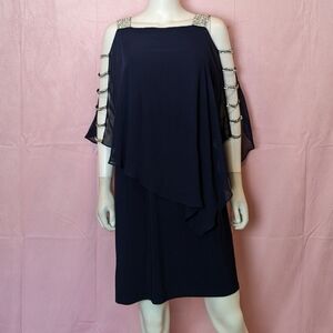 MSK Navy Blue Cold Shoulder Flowy Sleeve Embellished Sheath Mini Dress Size Smal